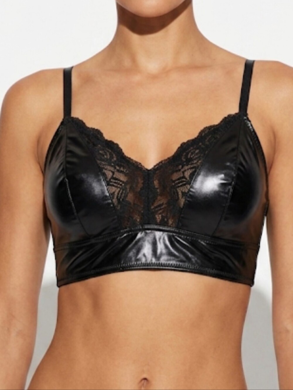 Black Lace-Trim Faux Leather Bralette